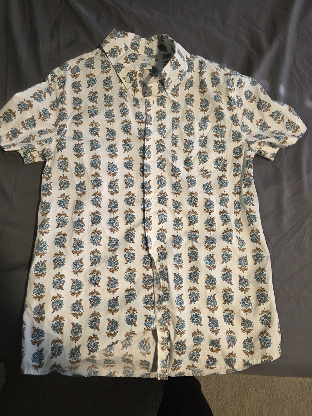JCrew Crewcuts Cream Short-Sleeve Button-Down with Blue Floral Pattern
